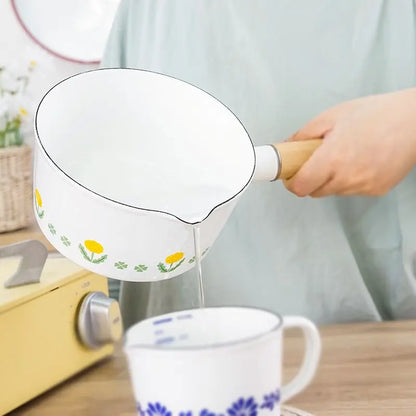 Thickened Enamel Milk Pot with Leakproof Spout, Little Yellow Flower Pattern for Baby Porridge, Hot Milk, Electric and Gas Stove