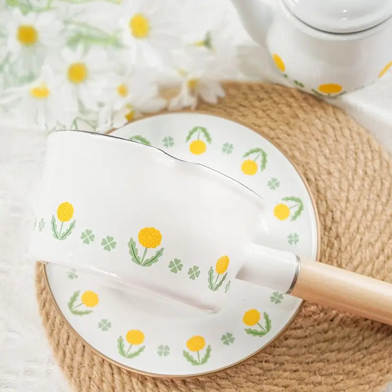 Thickened Enamel Milk Pot with Leakproof Spout, Little Yellow Flower Pattern for Baby Porridge, Hot Milk, Electric and Gas Stove