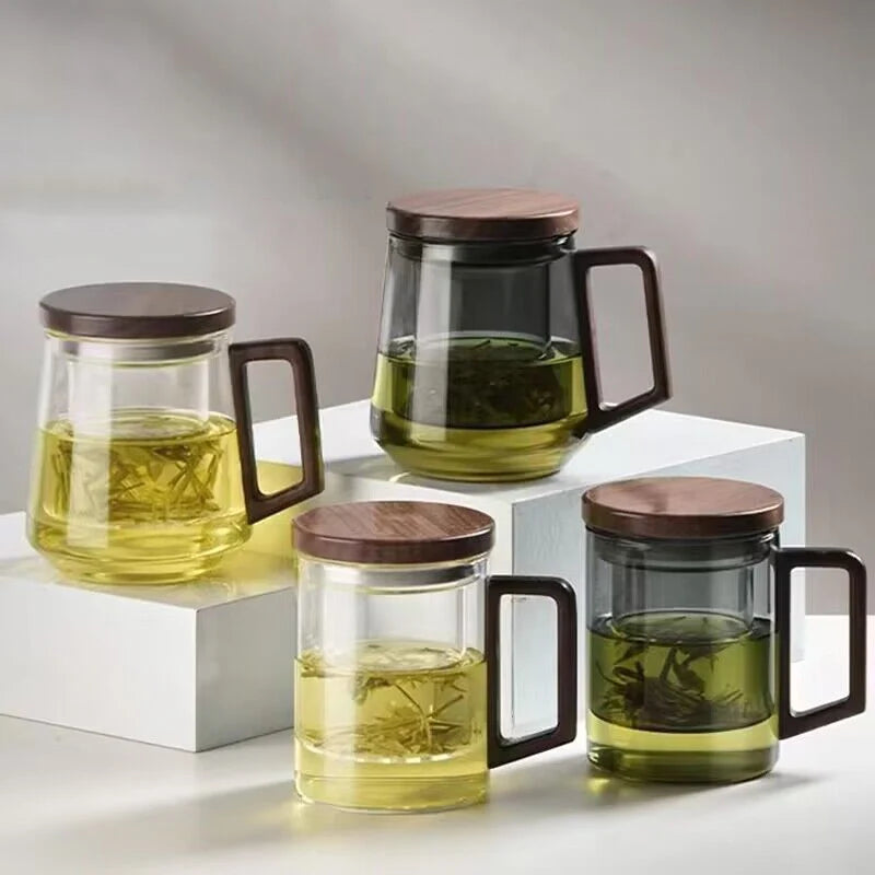 Thickened High Temperature Resistant Glass Water Cup Black Walnut Solid Wood Cover Built-in Filter Home Tea Set Coffee cup