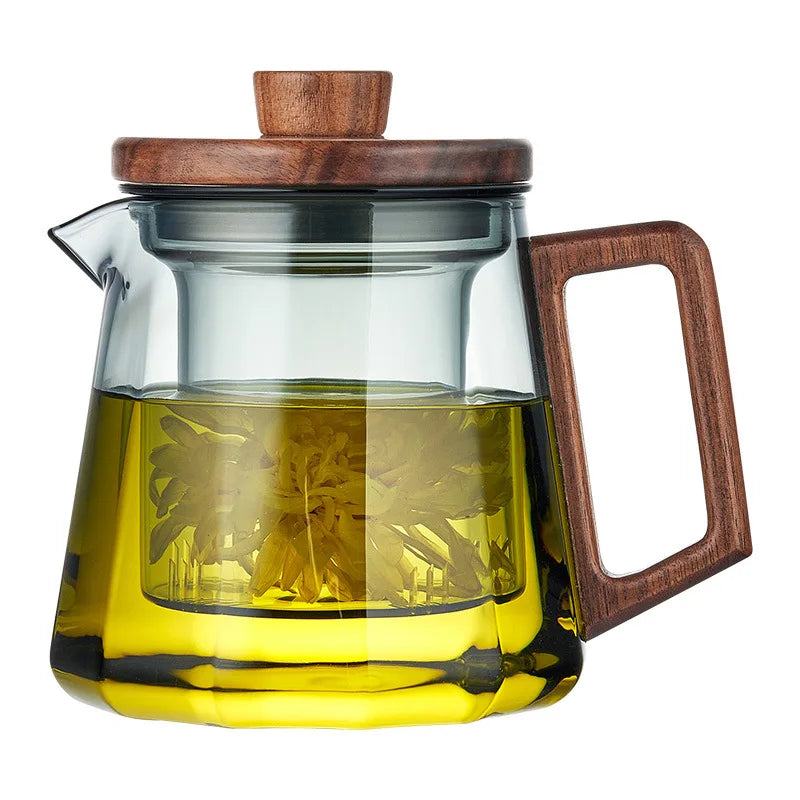 Thickened High Temperature Resistant Glass kettle Black Walnut Solid Wood Cover Built-in Filter Household tea supplies 500-800ml