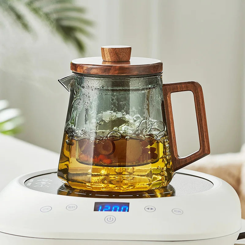 Thickened High Temperature Resistant Glass kettle Black Walnut Solid Wood Cover Built-in Filter Household tea supplies 500-800ml