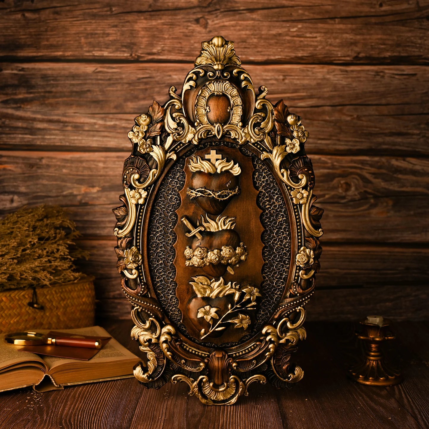 Three Sacred Hearts of the Holy Family, Christian wall hanging, Catholic ornament, religious wooden Christmas decoration
