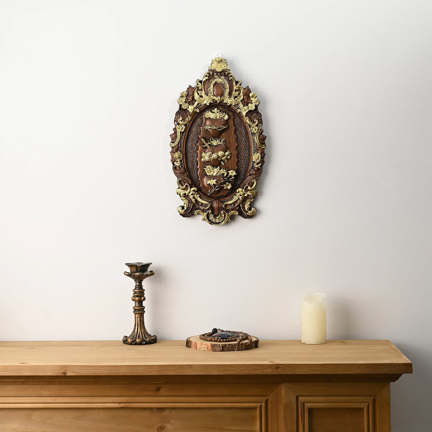 Three Sacred Hearts of the Holy Family, Christian wall hanging, Catholic ornament, religious wooden Christmas decoration