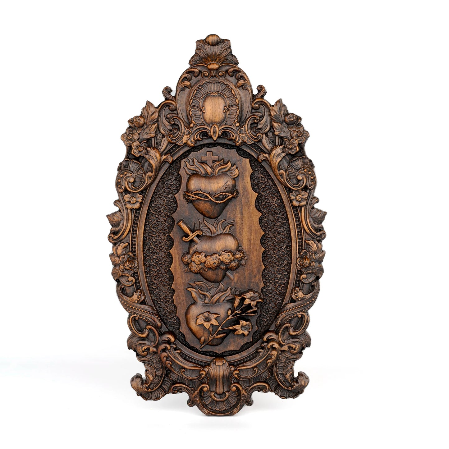 Three Sacred Hearts of the Holy Family, Christian wall hanging, Catholic ornament, religious wooden Christmas decoration
