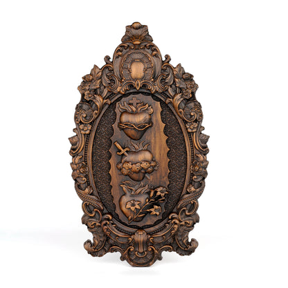 Three Sacred Hearts of the Holy Family, Christian wall hanging, Catholic ornament, religious wooden Christmas decoration