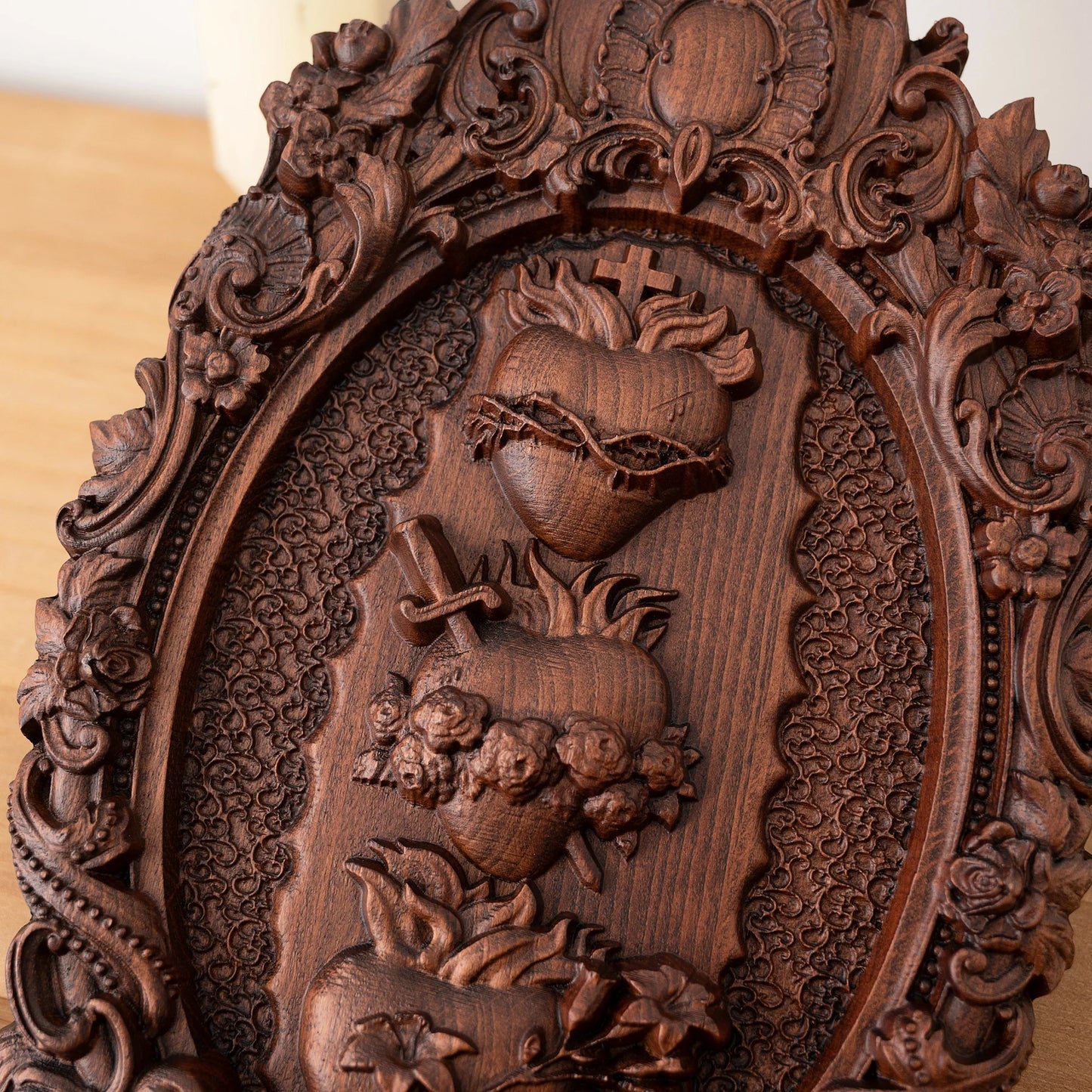 Three Sacred Hearts of the Holy Family, Christian wall hanging, Catholic ornament, religious wooden Christmas decoration