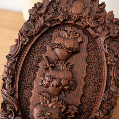 Three Sacred Hearts of the Holy Family, Christian wall hanging, Catholic ornament, religious wooden Christmas decoration