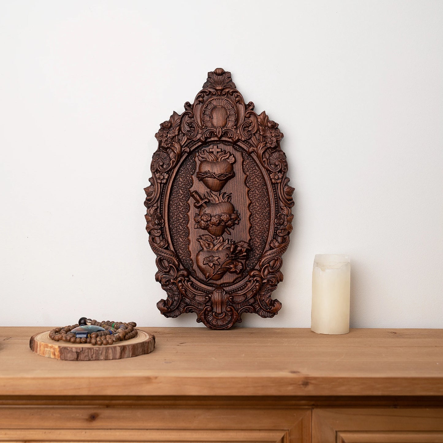Three Sacred Hearts of the Holy Family, Christian wall hanging, Catholic ornament, religious wooden Christmas decoration