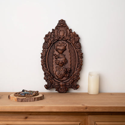 Three Sacred Hearts of the Holy Family, Christian wall hanging, Catholic ornament, religious wooden Christmas decoration
