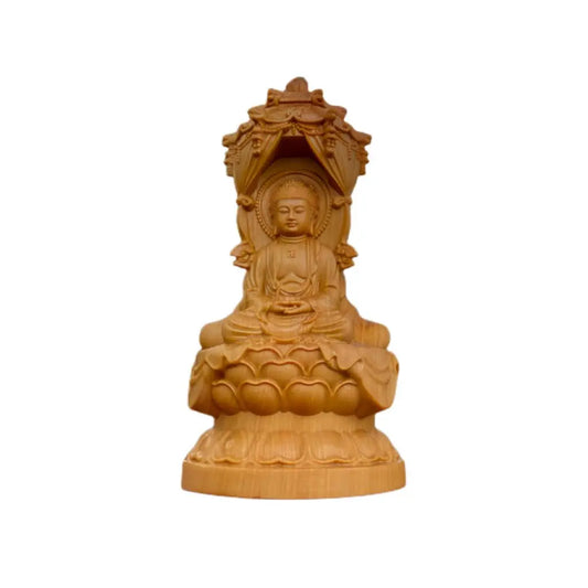 Three Sided Wood Carving Buddha Figurines of Sit Three Saints Amitabha Statue Sculpture Home Living Room Decor Ornament