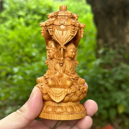 Three Sided Wood Carving Buddha Figurines of Sit Three Saints Amitabha Statue Sculpture Home Living Room Decor Ornament