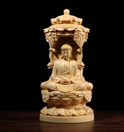 Three Sided Wood Carving Buddha Statue, 10 / 15CM, Guanyin Amitabha Buxus Bodhisattva, Solid Wood Ornaments