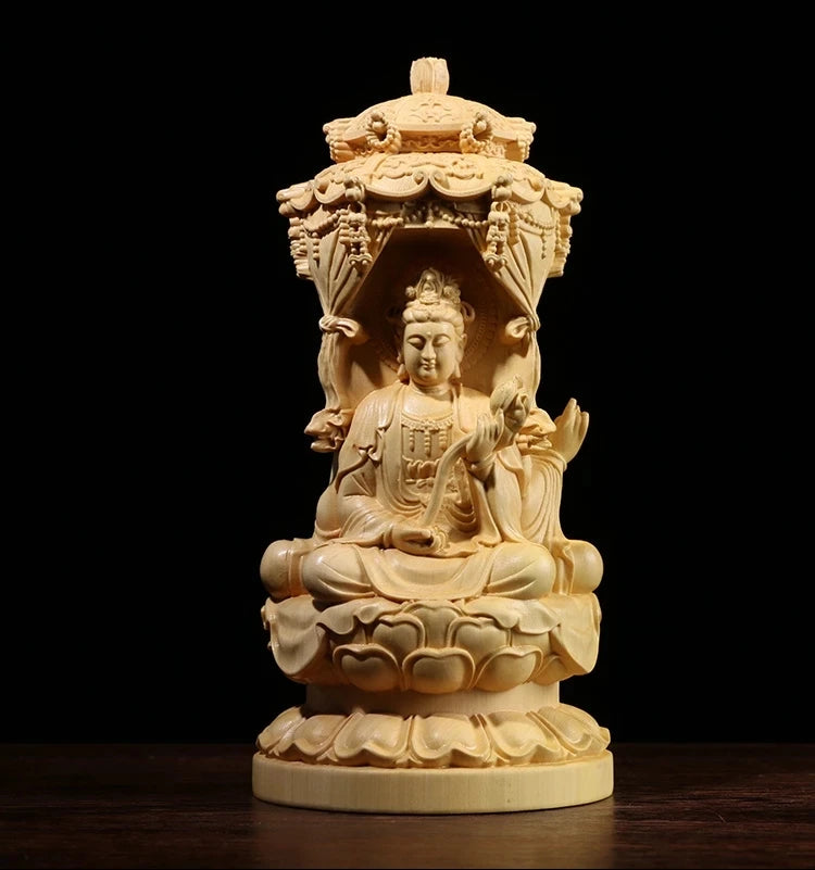 Three Sided Wood Carving Buddha Statue, 10 / 15CM, Guanyin Amitabha Buxus Bodhisattva, Solid Wood Ornaments