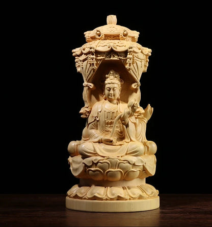 Three Sided Wood Carving Buddha Statue, 10 / 15CM, Guanyin Amitabha Buxus Bodhisattva, Solid Wood Ornaments