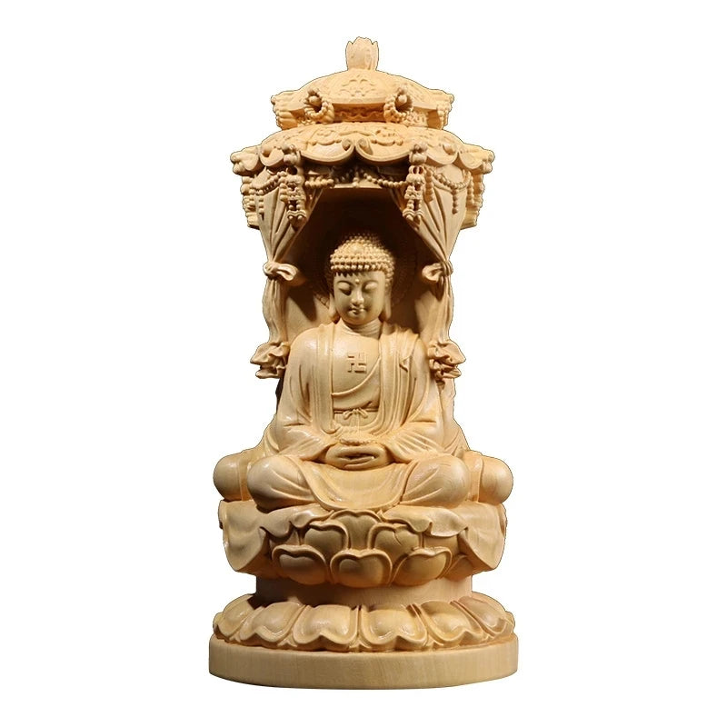 Three Sided Wood Carving Buddha Statue, 10 / 15CM, Guanyin Amitabha Buxus Bodhisattva, Solid Wood Ornaments