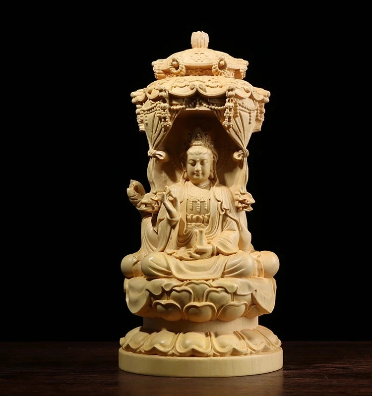 Three Sided Wood Carving Buddha Statue, 10 / 15CM, Guanyin Amitabha Buxus Bodhisattva, Solid Wood Ornaments