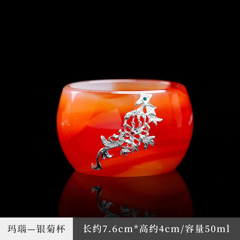 Three Times Agate Jade Porcelain Tea Cup Silver Plated Glaze Master Cup Tea Cup Jade Single Tea Cup Kung Fu Tea Set