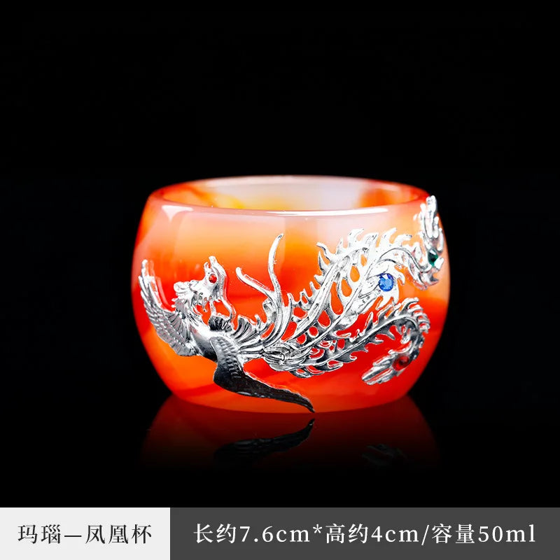 Three Times Agate Jade Porcelain Tea Cup Silver Plated Glaze Master Cup Tea Cup Jade Single Tea Cup Kung Fu Tea Set