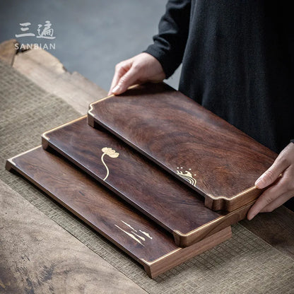 Three Times Blackwood Tea Tray Tea Room Inlaid Copper Small Tea Table Bamboo Tea Tray Simple Tray Japanese Pot Tray