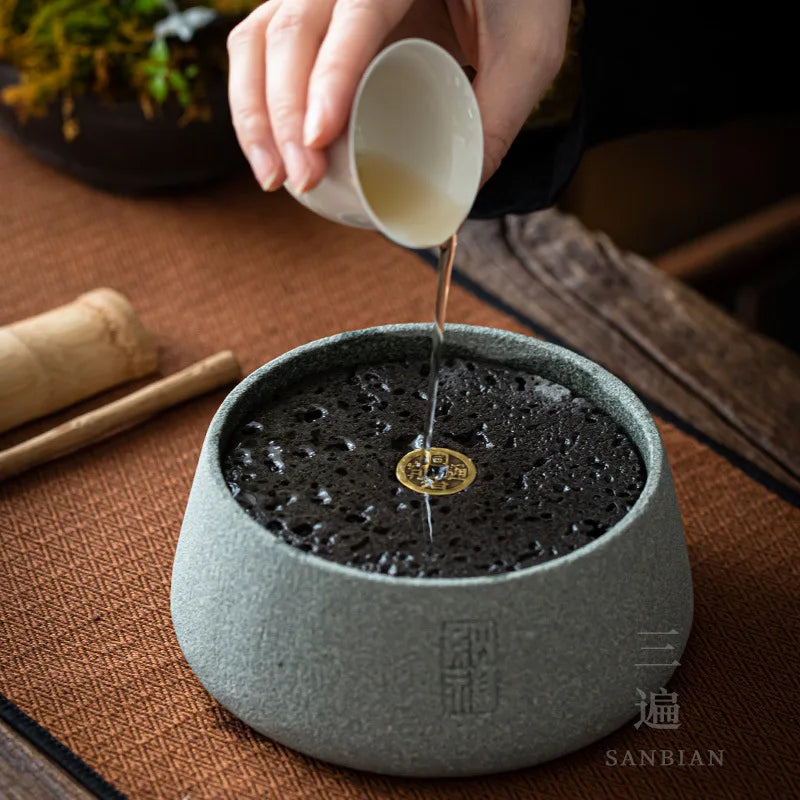 Three Times Bluestone Pot Tray Tea Construction Water Dry Pour Small Tea Table Household Water Storage Japanese Stone Carving