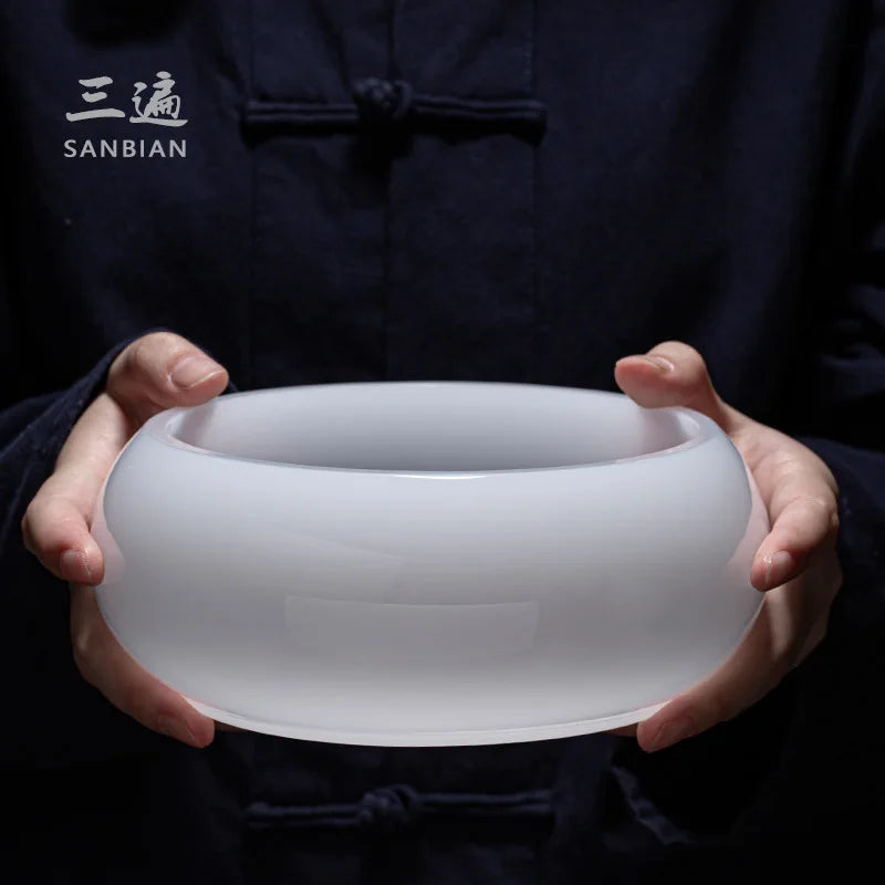 Three Times Colored Glaze Tea Wash Large Washed Tea Cup Jianshui Tea Residue Barrel Jianshui Thickened Jade Porcelain Dry Tea-
