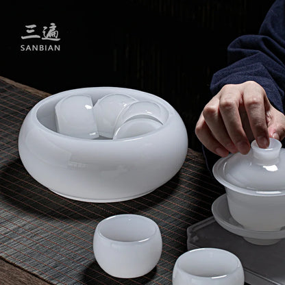 Three Times Colored Glaze Tea Wash Large Washed Tea Cup Jianshui Tea Residue Barrel Jianshui Thickened Jade Porcelain Dry Tea-