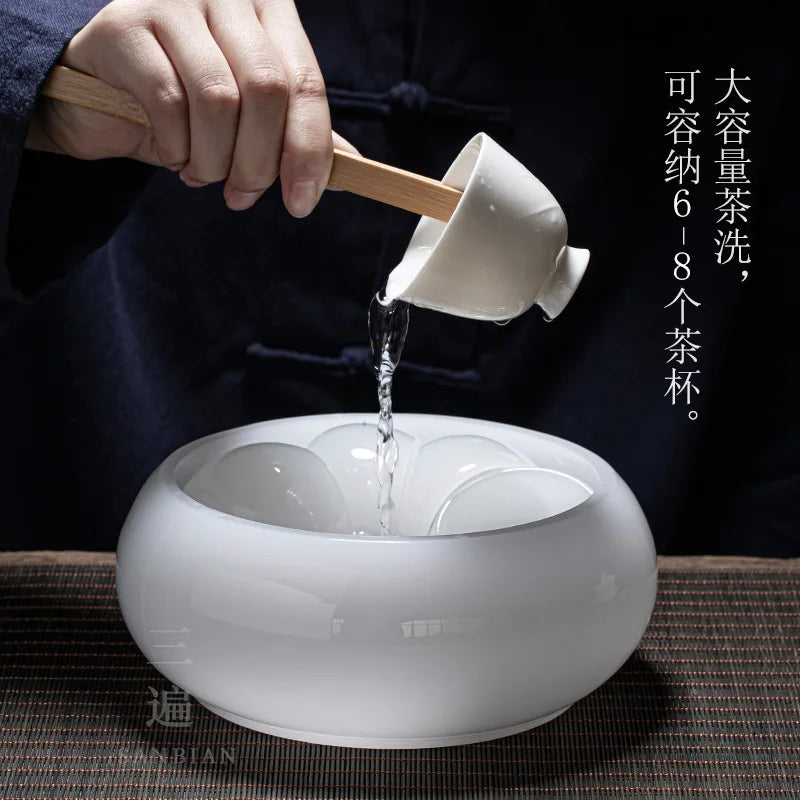 Three Times Colored Glaze Tea Wash Large Washed Tea Cup Jianshui Tea Residue Barrel Jianshui Thickened Jade Porcelain Dry Tea-
