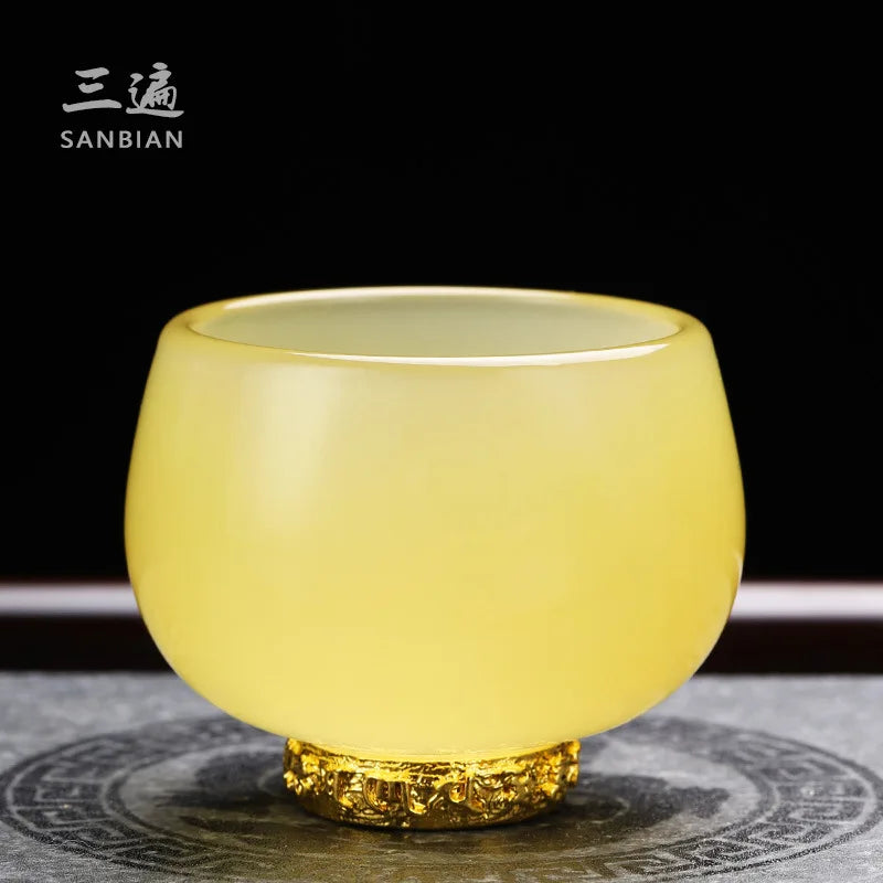 Three Times Emperor Yellow Glaze Jade Tea Set Office Home Jade Porcelain Cover Teacup Gift Box