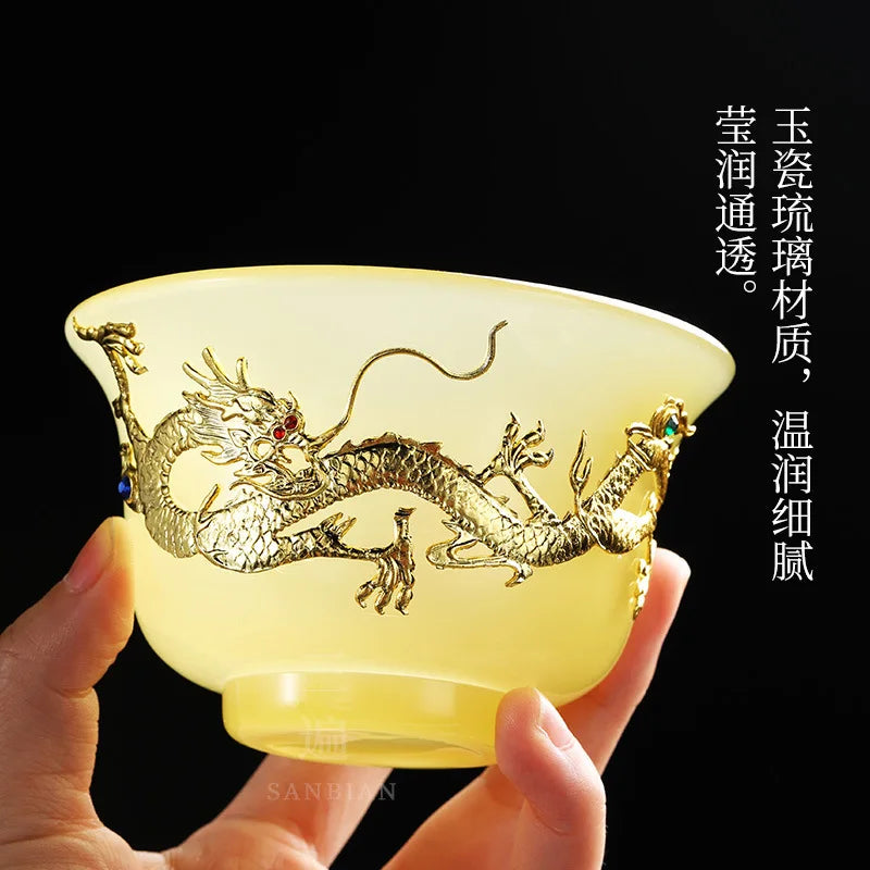 Three Times Emperor Yellow Glaze Jade Tea Set Office Home Jade Porcelain Cover Teacup Gift Box