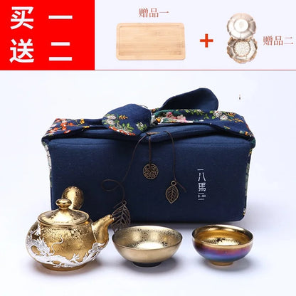 Three Times Gilding Jianzhan Side Handle Pot Silver Plated One Pot Two Cups Two-Person Ceramic Travel Kung Fu Tea Set Set Simp