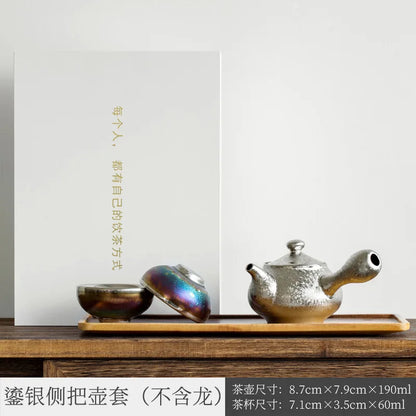 Three Times Gilding Jianzhan Side Handle Pot Silver Plated One Pot Two Cups Two-Person Ceramic Travel Kung Fu Tea Set Set Simp