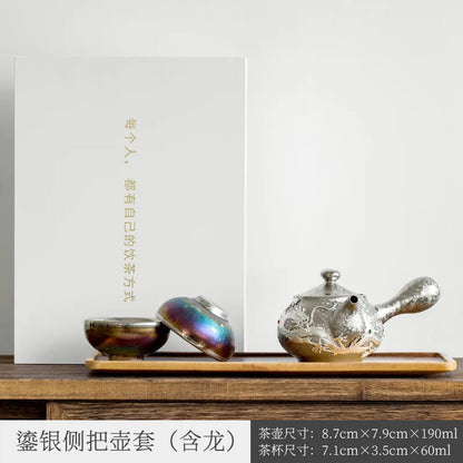 Three Times Gilding Jianzhan Side Handle Pot Silver Plated One Pot Two Cups Two-Person Ceramic Travel Kung Fu Tea Set Set Simp