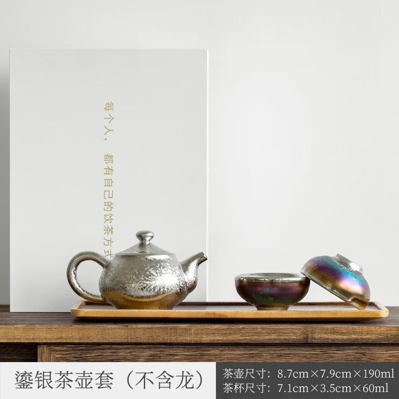 Three Times Gilding Jianzhan Side Handle Pot Silver Plated One Pot Two Cups Two-Person Ceramic Travel Kung Fu Tea Set Set Simp