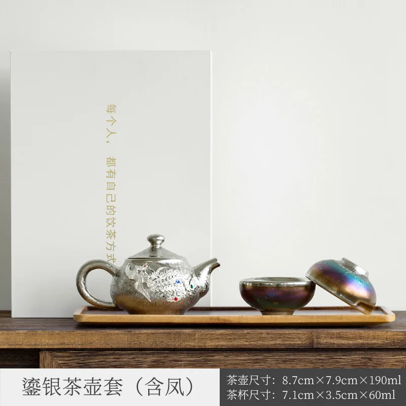 Three Times Gilding Jianzhan Side Handle Pot Silver Plated One Pot Two Cups Two-Person Ceramic Travel Kung Fu Tea Set Set Simp