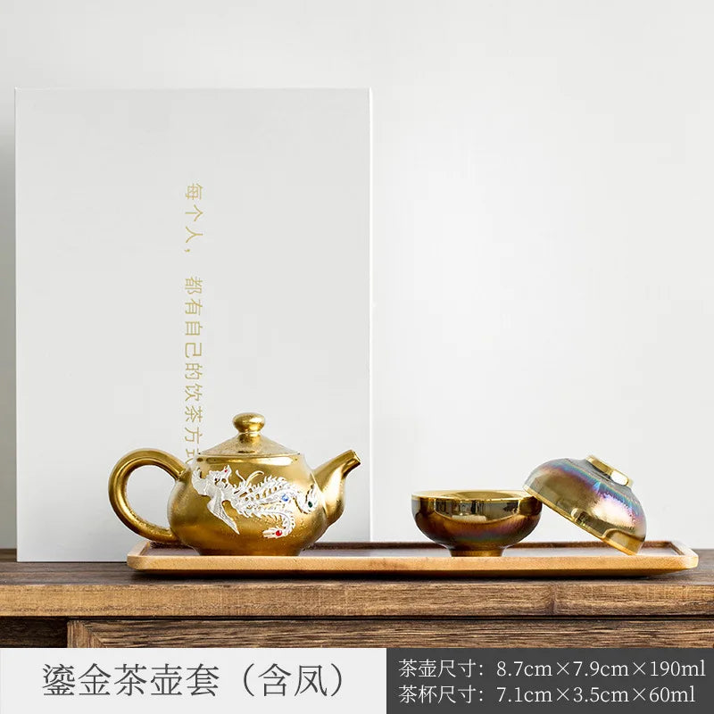 Three Times Gilding Jianzhan Side Handle Pot Silver Plated One Pot Two Cups Two-Person Ceramic Travel Kung Fu Tea Set Set Simp