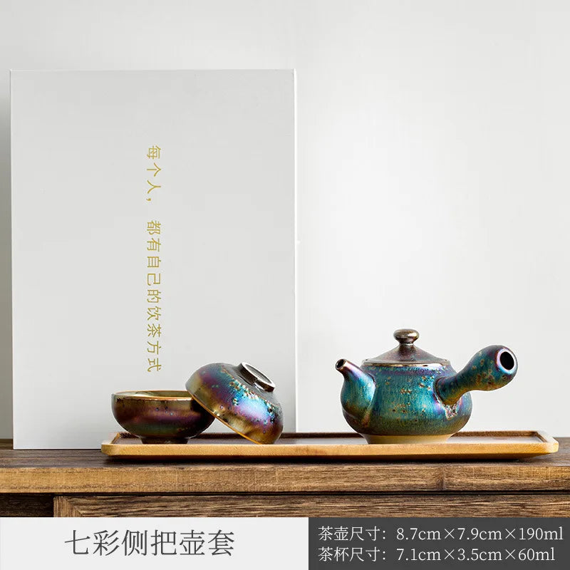 Three Times Gilding Jianzhan Side Handle Pot Silver Plated One Pot Two Cups Two-Person Ceramic Travel Kung Fu Tea Set Set Simp