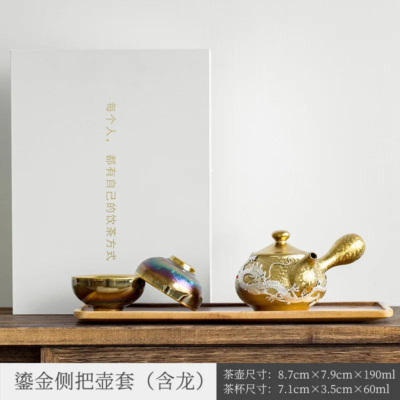 Three Times Gilding Jianzhan Side Handle Pot Silver Plated One Pot Two Cups Two-Person Ceramic Travel Kung Fu Tea Set Set Simp