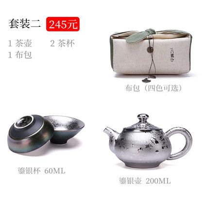 Three Times Gilding Jianzhan Side Handle Pot Silver Plated One Pot Two Cups Two-Person Ceramic Travel Kung Fu Tea Set Set Simp