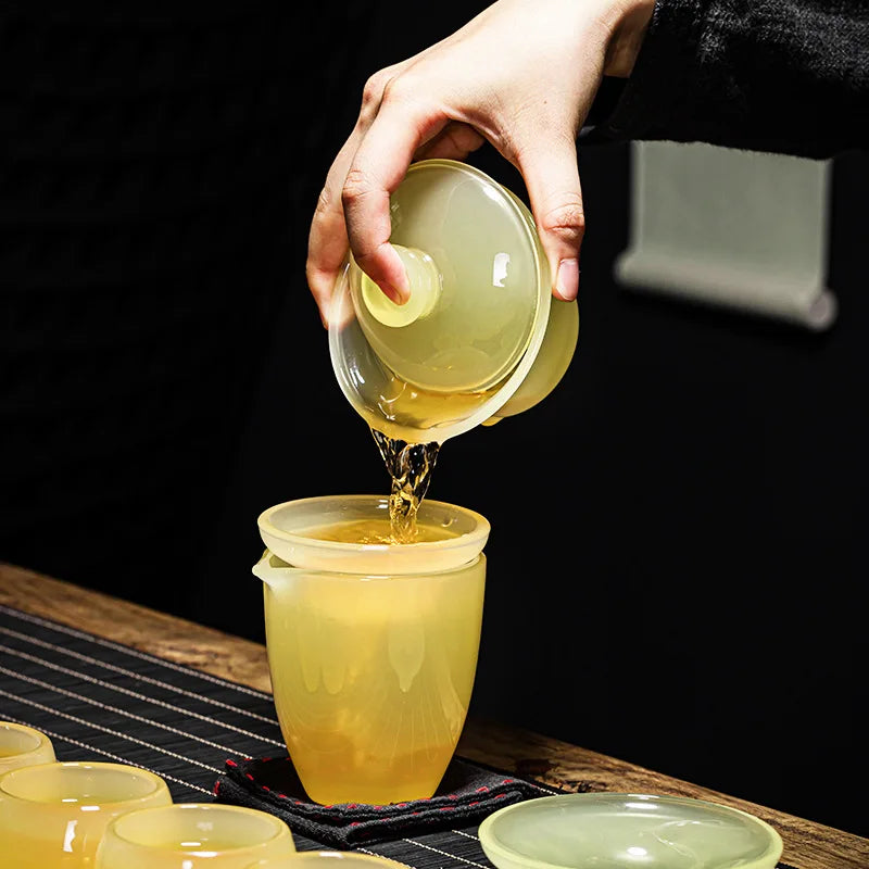 Three Times Goose Yellow Glaze Cover Teacup Large Household Tea Brewing Three-Piece Tea Bowl Glass Extra Thick Kung Fu Tea Tea