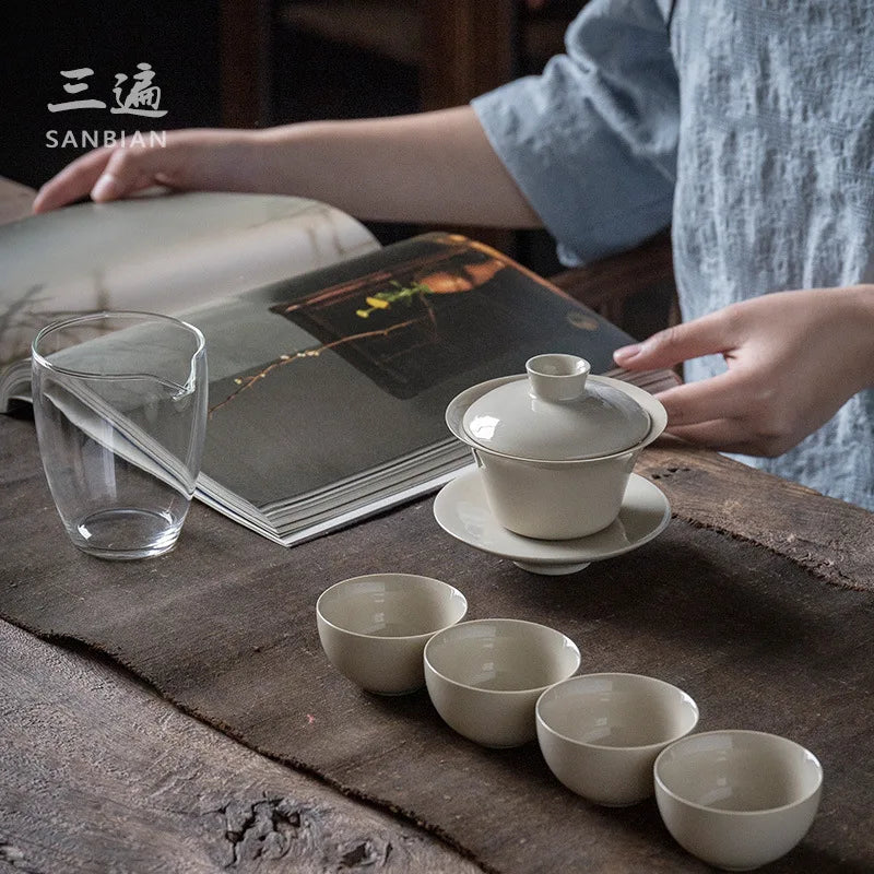 Three Times Grass and Wood Gray Kung Fu Teaware Set Set Ceramic Retro Teapot Tea Cup Gaiwan Pitcher Combination Household