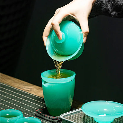 Three Times Green Crystal Glass Thickening Gaiwan Household Glass Transparent Tea Brewing Bowl Gift Kung Fu Tea Set