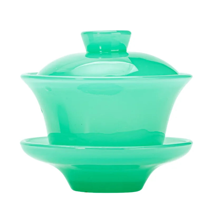 Three Times Green Crystal Glass Thickening Gaiwan Household Glass Transparent Tea Brewing Bowl Gift Kung Fu Tea Set