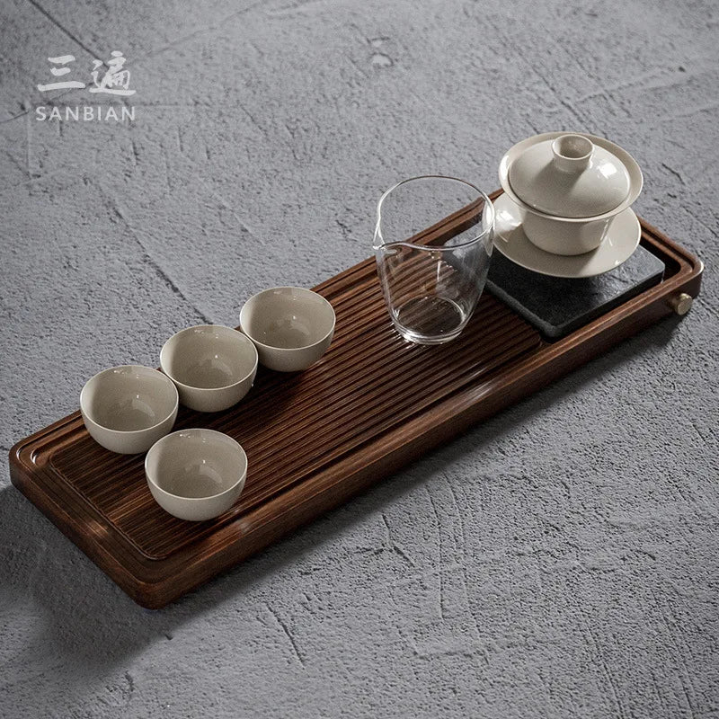 Three Times Heavy Bamboo Black Gold Stone Tea Tray Whole Flat Plate Household Minimalist Bamboo Tea Tray Solid Wood Small Tea