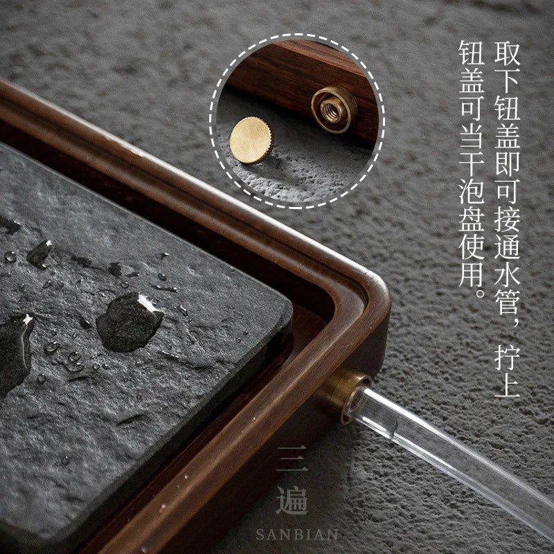 Three Times Heavy Bamboo Black Gold Stone Tea Tray Whole Flat Plate Household Minimalist Bamboo Tea Tray Solid Wood Small Tea