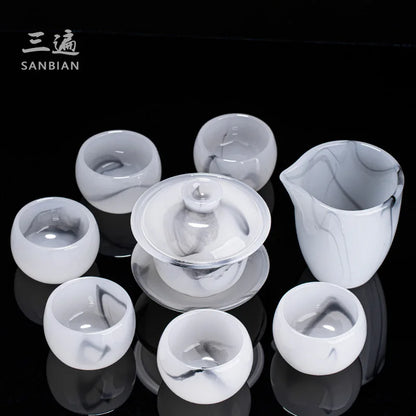 Three Times Ink Glass Tea Set Home Living Room Office White Porcelain Jade Porcelain Tea Cup Kung Fu Tea Set Gift Box