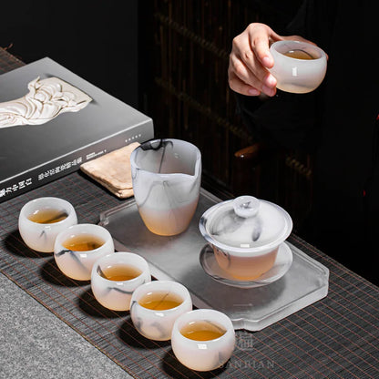 Three Times Ink Glass Tea Set Home Living Room Office White Porcelain Jade Porcelain Tea Cup Kung Fu Tea Set Gift Box