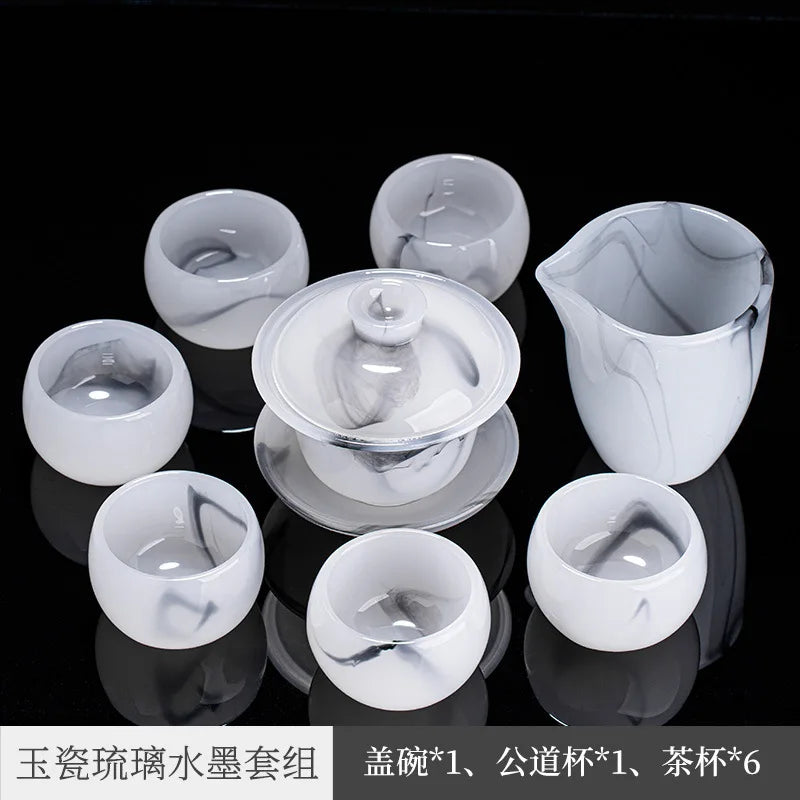 Three Times Ink Glass Tea Set Home Living Room Office White Porcelain Jade Porcelain Tea Cup Kung Fu Tea Set Gift Box