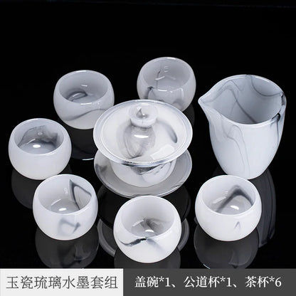 Three Times Ink Glass Tea Set Home Living Room Office White Porcelain Jade Porcelain Tea Cup Kung Fu Tea Set Gift Box
