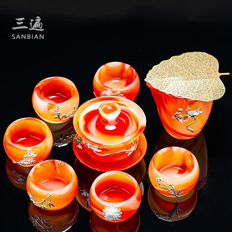 Three Times Inlaid Silver Gilded Colored Glaze Tea Cup with Cover Kung Fu Tea Set Office Home Agate Jade Tea Cup Gift Box