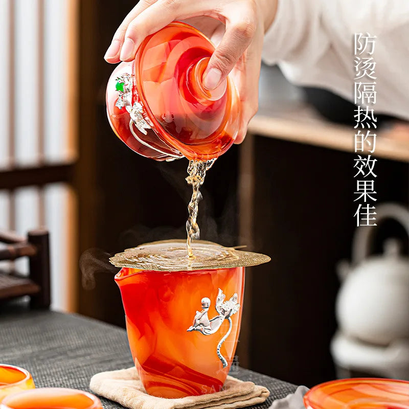 Three Times Inlaid Silver Gilded Colored Glaze Tea Cup with Cover Kung Fu Tea Set Office Home Agate Jade Tea Cup Gift Box
